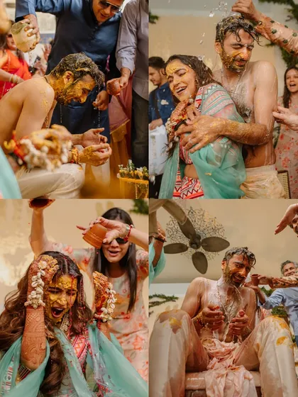 A collage of fun and messy moments from a Haldi ceremony. This is what it's all about: laughter, joy, and celebrating with family and friends.