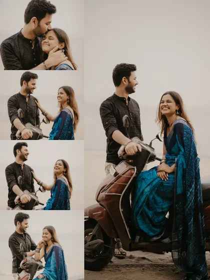A collection of intimate and playful moments with a scooter on the beach, capturing the couple's fun and romantic side.