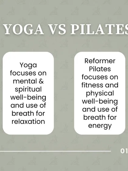 Yoga vs. Pilates: Yoga often focuses on mental and spiritual well-being, while Reformer Pilates focuses on physical fitness and using breath for energy.