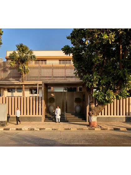 The revitalized facade and entrance of the Blue Sea Banquet in Mumbai. Our renovation included a complete revamp of the building exterior and the addition of a new, modern entry portal to enhance its street presence.