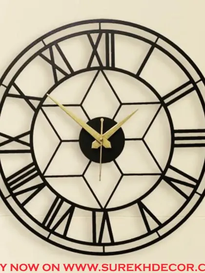 This uniquely designed wall clock features a star-like geometric pattern within its Roman numeral face. The intricate metalwork adds a layer of artistic detail to a classic and functional decor piece.