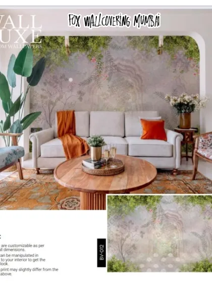 This 'Wall Luxe' design features a mystical forest path, perfect for creating a sense of depth and intrigue in a living room.