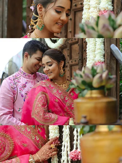 A collage of tender moments, from the bride's intricate jewelry to the couple's shared smiles. I focus on capturing the details that make your story unique.