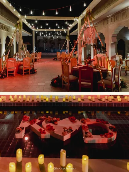 A split view of the welcome dinner decor, showing the romantic string-light canopy and a floating installation of the couple's initials surrounded by candles.