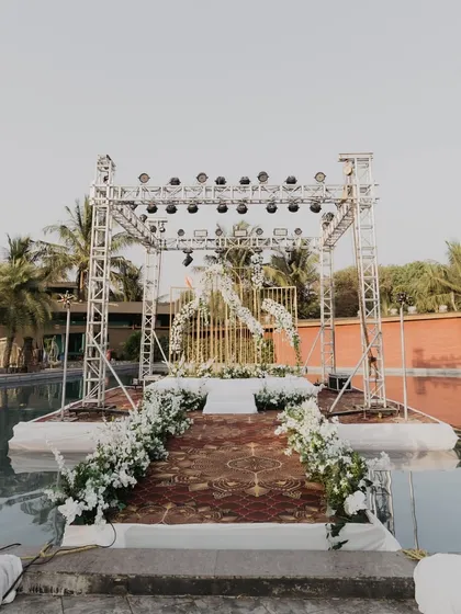 A closer look at our over-the-pool Varmala stage, designed to create a breathtaking focal point for the wedding ceremony.
