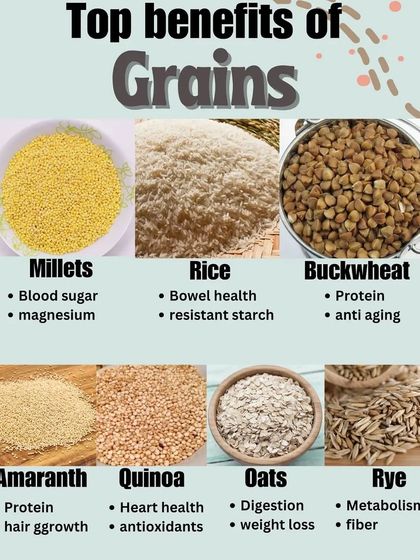 This infographic details the top benefits of different grains. From millets for blood sugar control to oats for digestion, each grain has a unique role to play in a healthy diet.