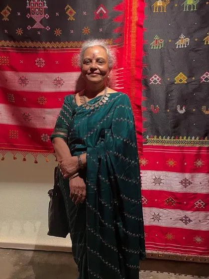 Standing in front of a beautiful display at the Pampa exhibition. My studio is dedicated to preserving and teaching the hand embroidery skills of Karnataka, especially our beloved Kasuti.