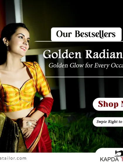 Our Bestsellers. This graphic highlights our Golden Radiance blouse, a piece that adds a golden glow to every occasion.