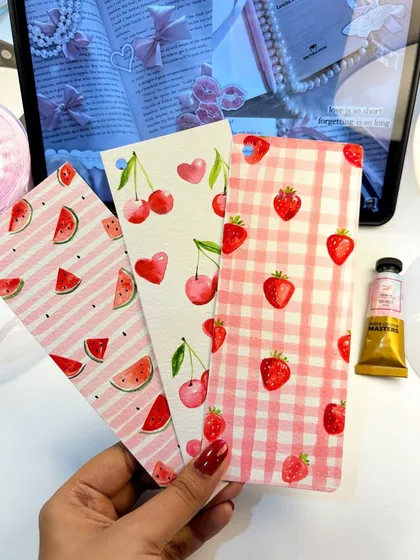 A collection of my "Pinterest-y" bookmarks. This set includes summery patterns like watermelon, cherries, and strawberries on a pink gingham background.
