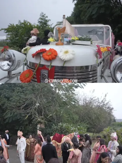 The groom's arrival in a decorated vintage Rolls Royce, a classic touch for a grand Indian baraat.