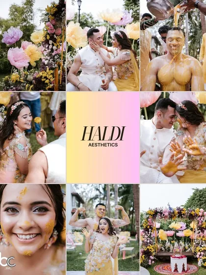 A mood board of 'Haldi Aesthetics', showcasing the fun, the mess, the outfits, and the candid smiles from a beautiful outdoor ceremony.