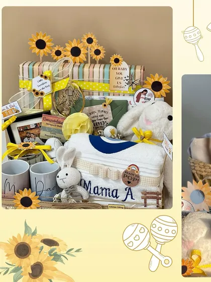 A closer look at the contents of the sunflower hamper, featuring a soft bunny toy, custom towels, and other items all tied together with a cheerful yellow theme.