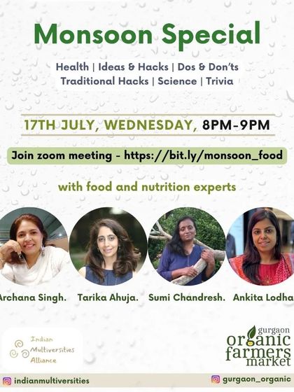 Another poster for our free 'Monsoon Special' podcast. We bring together experts in traditional foods, macrobiotics, millets, and climate to share their knowledge. It's all about making informed choices for a smart, nourishing life.