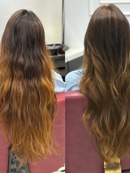The back view of the beach brown color correction, showing the seamless blend from roots to ends.