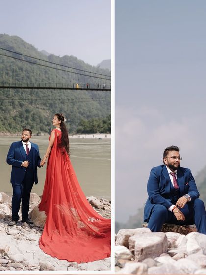 A diptych showing a formally dressed couple during their maternity shoot, with the iconic Rishikesh bridge in the background. This demonstrates how we can blend elegance with epic scenery.