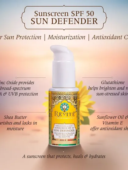 My Sun Defender SPF 50 is the ultimate all-in-one formula that protects, heals, and hydrates. It combines Zinc Oxide with Glutathione to repair sun-stressed skin, and Shea Butter with Sunflower Oil for a nourishing, antioxidant shield.