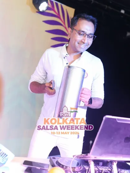It's not just about the laptop. I love adding live percussion to my DJ sets with the Guiro, bringing an extra layer of authentic Latin rhythm to the party, like here at the Kolkata Salsa Weekend.