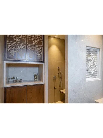 A wider view of the bathroom, showing how the traditional lattice panel and inlay-work cabinets are integrated into a modern, minimalist design. This demonstrates my love for blending clean lines with the richness of Indian crafts.