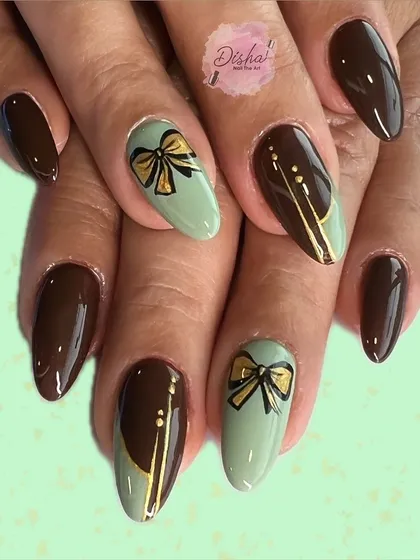 An earthy and elegant color combination. This design features a mix of brown and sage green with hand-painted bow details.