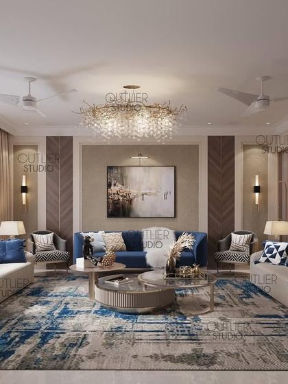 A formal living room designed with a symmetrical layout to create a sense of order and calm. The deep blue rug and matching cushions add a pop of color, while the chevron-patterned wood paneling adds subtle texture.