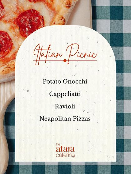 A menu card for an "Italian Picnic" theme. This menu features classic Italian comfort foods like Gnocchi, Ravioli, and Neapolitan Pizzas.