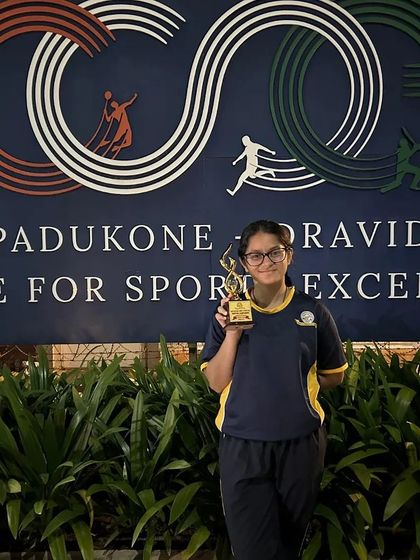 Yuvaanika celebrating her gold medal win at the Padukone-Dravid Centre for Sports Excellence, the venue for the CISCE National Tournament.