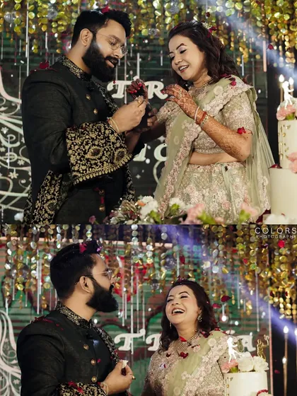 A collage capturing the fun and romance of the ring exchange and cake cutting ceremony.