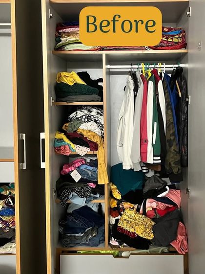 Before we began, this large wardrobe felt chaotic. Clothes were difficult to find, and the space wasn't being used effectively, leading to items piling up on the floor.