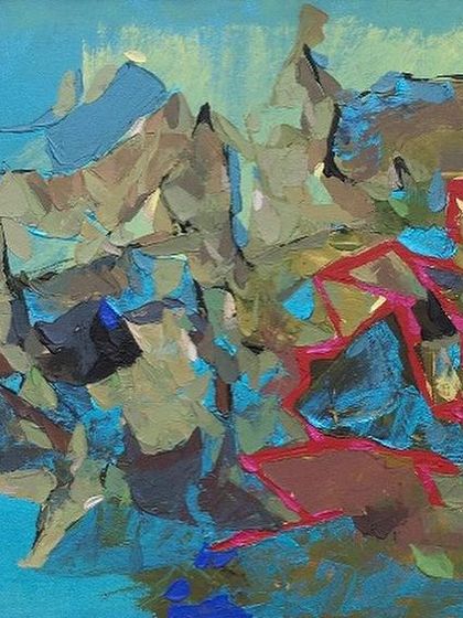 'Landscape Without a Bird' by Nitish Bhattacharjee. This large acrylic on canvas is an energetic, abstract interpretation of a landscape, defined by bold colors and dynamic, fragmented forms.