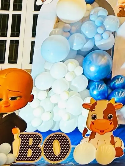 A close-up of the character cutouts for a Boss Baby themed party, showing the fun details that bring the theme to life.