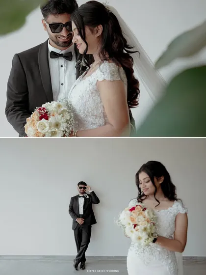 A stylish composition showing the bride and groom in a modern architectural setting, blending classic wedding photography with a contemporary edge.