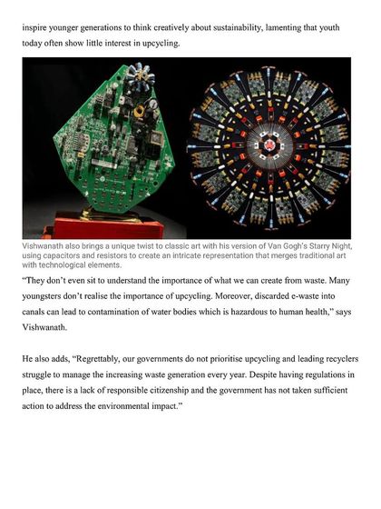 An image from an article showcasing my unique twist on classic art with my version of Van Gogh's 'Starry Night', which uses capacitors and resistors. It also features a custom award made from a green circuit board.