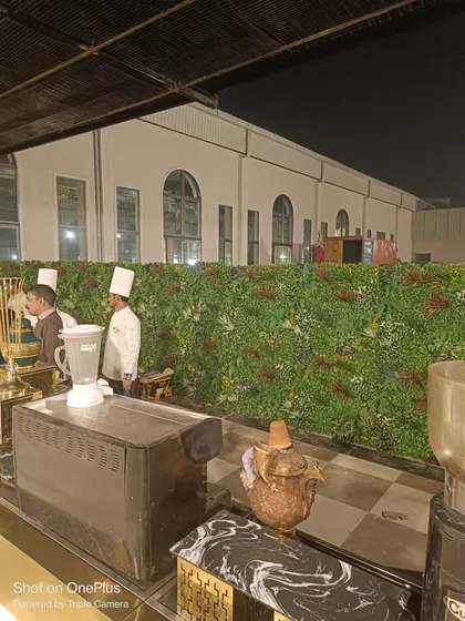 A temporary vertical green wall used as a backdrop for a catering station at an event. It's a simple and effective way to enhance the decor and define different zones.