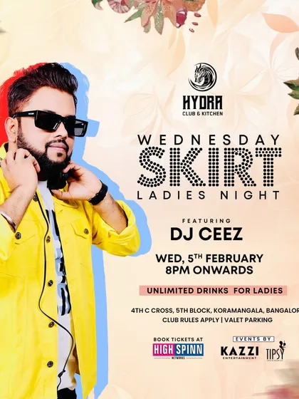The "Wednesday Skirt Ladies Night" at Hydra Club, a stylish event with a Bollywood and Bollytech theme.