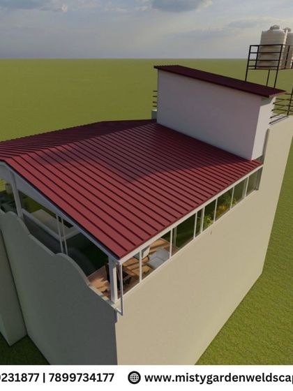 An aerial 3D view of a proposed terrace roofing structure. This angle is essential for planning the roof slope for proper drainage and visualizing how the structure integrates with the rest of the building, including the water tank area.