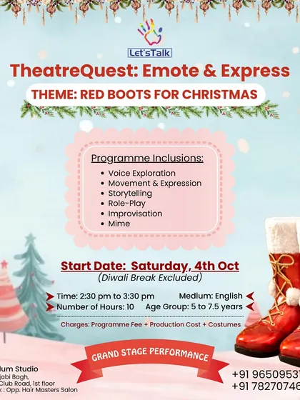 Our TheatreQuest program is designed for growing actors aged 5 to 7.5 years. This poster details our Christmas-themed batch, which includes everything from voice exploration to a grand stage performance.