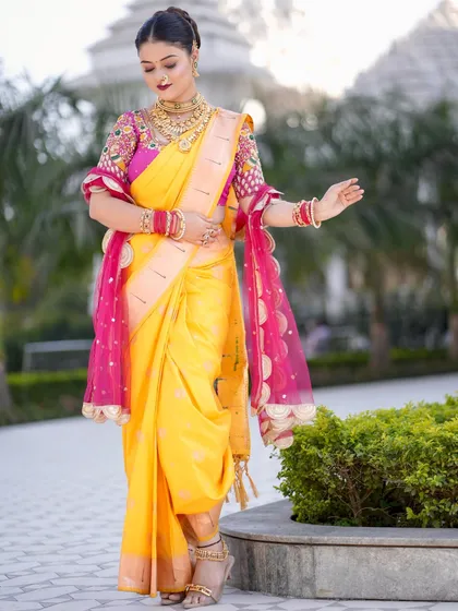 The complete Nauvari look from the front. I ensure the drape is perfect and comfortable for the bride to move around in.