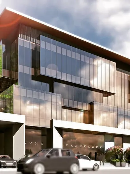 A high-quality render of the proposed Sherwood Commercial Building. This concept highlights our expertise in creating sleek, contemporary glass facades with dynamic, layered panels that give the structure a sophisticated and lightweight appearance.