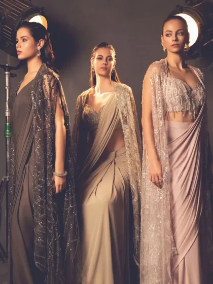 My collections are designed for the modern woman. This image captures the essence of my cape sarees, showcasing a variety of styles in elegant, contemporary drapes for any celebration.