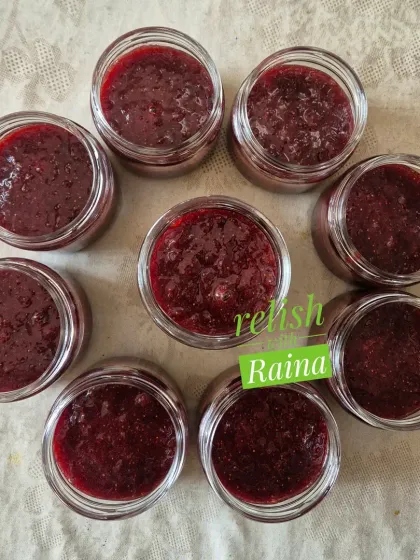 A fresh batch of strawberry jam, all jarred and ready. The beautiful red colour is completely natural. It's perfect on toast, with yogurt, or just by the spoonful.