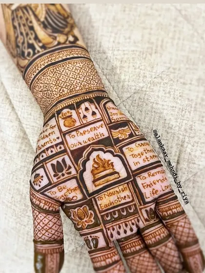 This unique design incorporates the Saptapadi, or seven sacred vows of a Hindu wedding, with each vow written in English and paired with a symbolic icon.