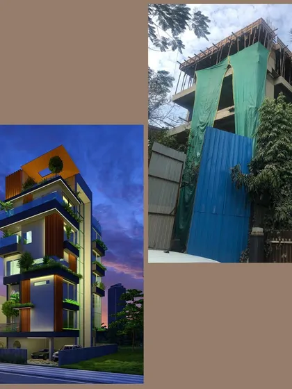 A side-by-side comparison of a multi-story residential building, from the initial evening render to the active construction site. This shows the early phase of our work, where the architectural blueprint begins its journey to reality.