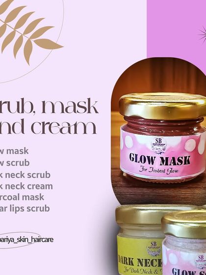 A look at my scrub, mask, and cream collection. This includes the Glow Mask, Dark Neck Scrub, Charcoal Mask, and Sugar Lips Scrub for targeted treatments.