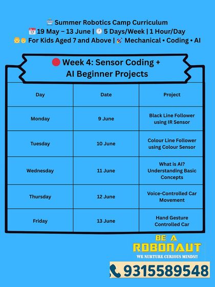 The final week of our Summer Robotics Camp introduces sensor coding and beginner AI projects, including voice-controlled and hand-gesture-controlled cars.
