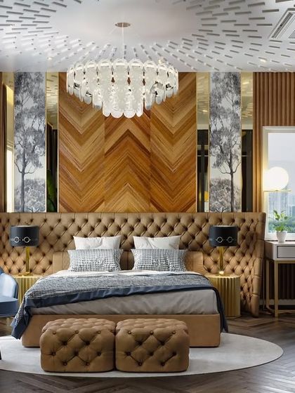 A luxurious bedroom concept featuring a tufted leather headboard and a stunning chevron-patterned wood accent wall. The design is complemented by a large crystal chandelier and a herringbone wood floor.
