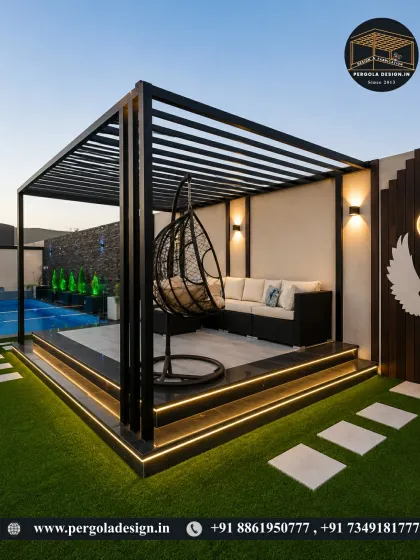 A luxurious rooftop lounge designed for evening relaxation. This pergola features a comfortable L-shaped sofa, a modern swing chair, and dramatic uplighting, creating a sophisticated and inviting atmosphere.