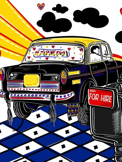 Here's my tribute to Mumbai's iconic Kali Peeli taxi, ready for hire in Bandra. I used bold lines, a checkered pattern, and lots of hearts to capture the city's unique vibe in my signature doodle style. This kind of detailed illustration can be the centerpiece of a truly personal event invitation.