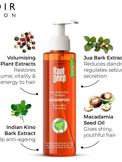 The Root Deep Hair Retention Therapy Shampoo is formulated with powerful plant extracts. It helps restore volume, reduce dandruff, and provides anti-aging benefits for the scalp.