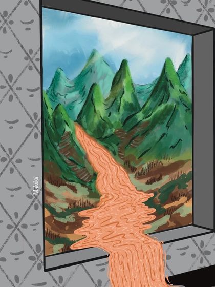 A close-up of the window from the 'Secret Door' illustration. This detail shows the vibrant, colorful mountain landscape that represents the world of imagination, contrasting with the monochrome reality of the room.