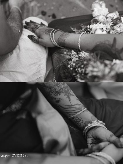 A beautiful black and white collage of the couple holding hands, focusing on the bride's intricate henna and tattoos.